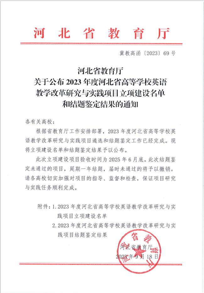 Beat365两个英语教改项目分获河北省高等学校英语教学改革研究与实践项目立项与结项
